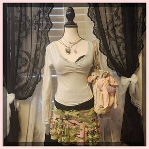 White Long Sleeve Top with Camouflage Skirt